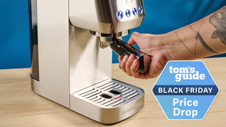 the casabrews 3700 essential espresso machine against a blue backgrund showing a blue tom's guide black friday deals badge