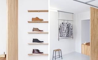 The photo to the left shows a close-up of the light wood shelves with shoes on them. The photo to the right shows a clothes rack hanging from the ceiling with shirts hung, and a stool to the left.