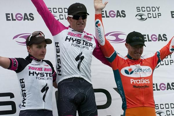 Stage thirteen podium (l-r): Alexander Ray (2nd,Hyster-Total Rush), Gordon McCauley (1st,Hyster-Total Rush), and Joel Pearson (3rd,Genesys Wealth Advisers).