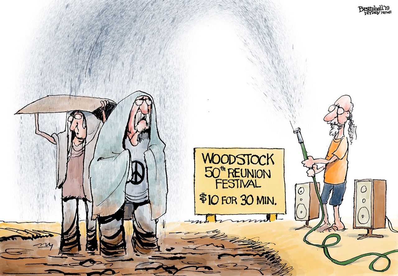 Editorial Cartoon Woodstock Reunion Experience Rain Hose