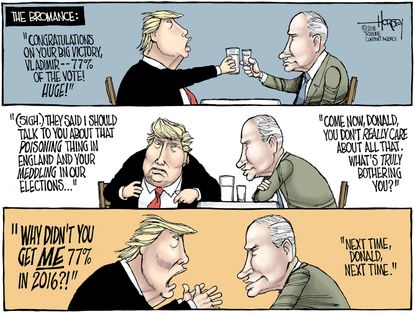 Political cartoon U.S. Trump Putin Russian elections congratulations collusion