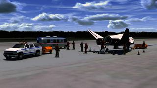 An artist's impression of the Dream Chaser vehicle and its crew after landing.