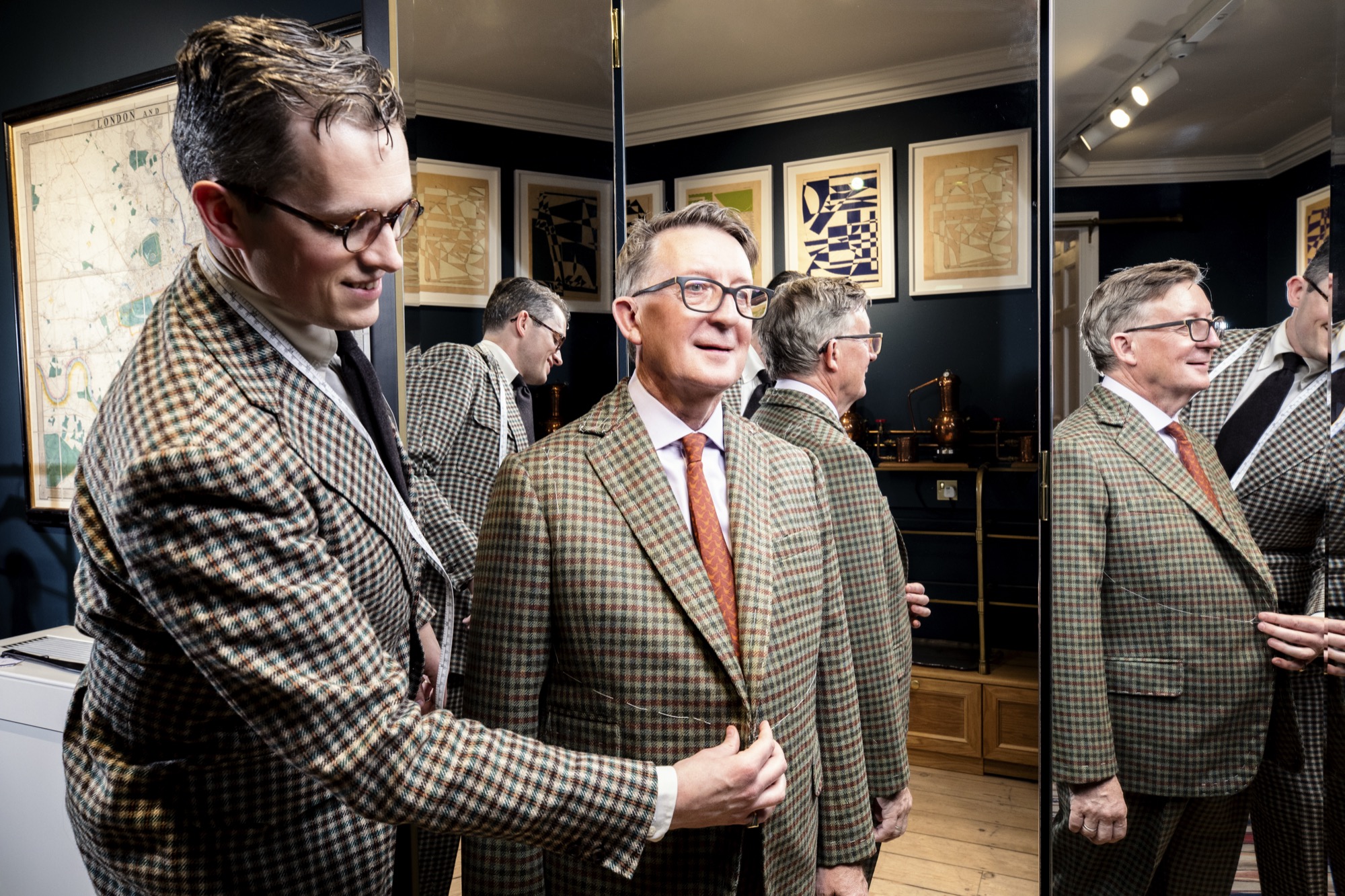 Country Life Editor Mark Hedges having a tweed suit fitted at Hackett tailors in Saville Row, London. Along with the team at Lovat Mill, Hackett has created a tweed for Country Life