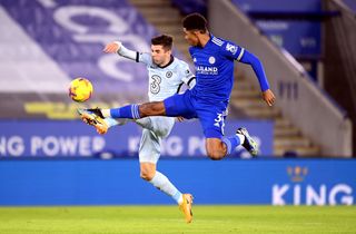 Chelsea's Christian Pulisic and Leicester's Wesley Fofana challenge for the ball