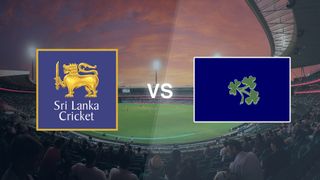 A cricket pitch with the Sri Lanka and Ireland logos on top, for the Sri Lanka vs Ireland live stream of the T20 World Cup