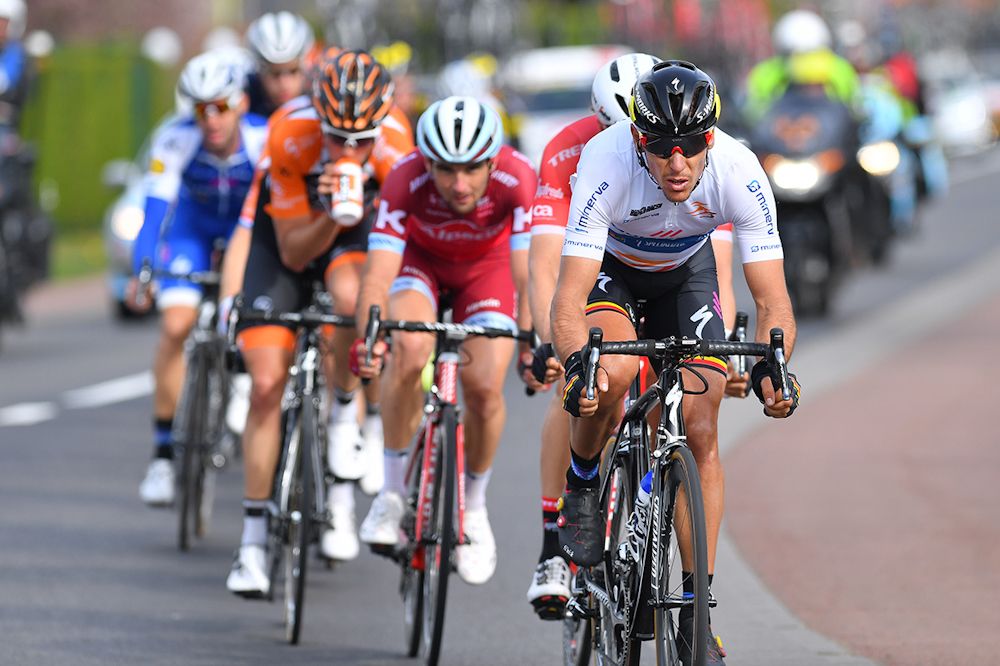 Philippe Gilbert in the leader's jersey during stage 2 at the Three Days of De Panne