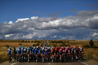EJEADELOSCABALLEROS SPAIN OCTOBER 23 Peloton Landscape during the 75th Tour of Spain 2020 Stage 4 a 1917km stage from Garray Numancia to Ejea de los Caballeros lavuelta LaVuelta20 La Vuelta on October 23 2020 in Ejea de los Caballeros Spain Photo by David RamosGetty Images
