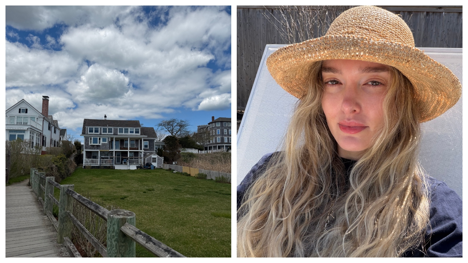 three house on a beach boardwalk next to a blonde woman in a straw hat