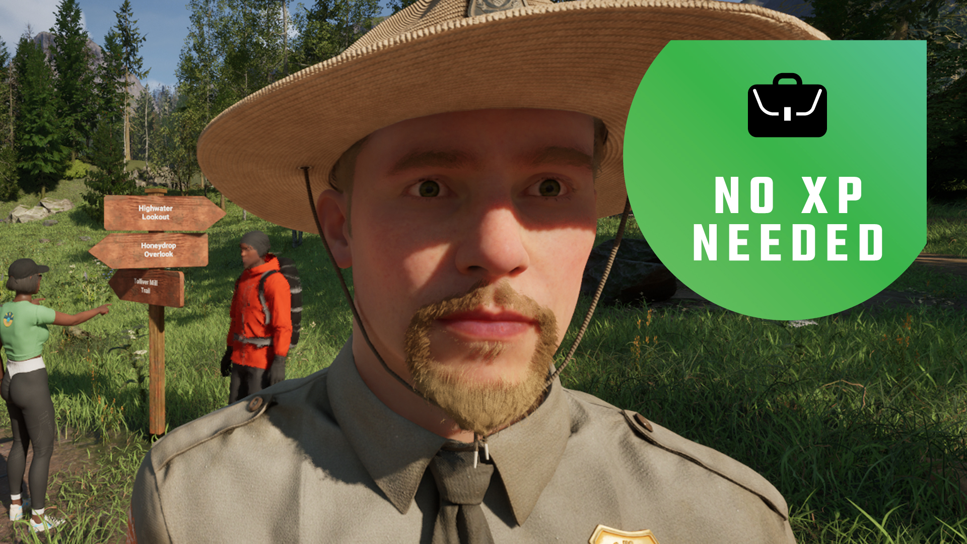 A park ranger with people looking at a trail sign behind him