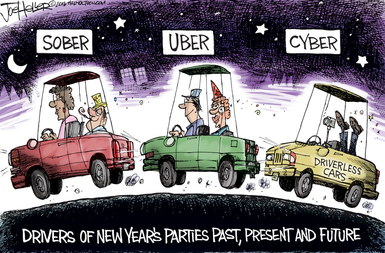 Editorial cartoon U.S. New Year&amp;#039;s celebration driving Uber