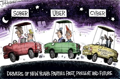 Editorial cartoon U.S. New Year's celebration driving Uber