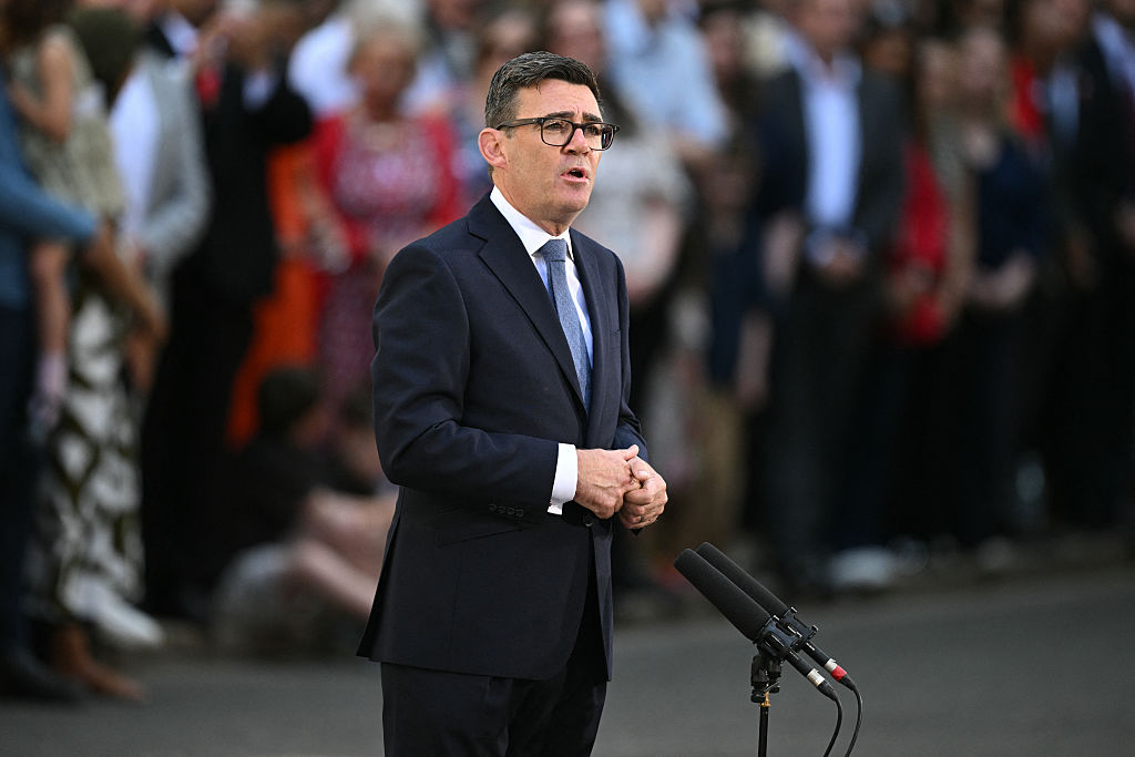 Britain's new Prime Minister Andy Burnham gives his first speech in front of 10 Downing Street