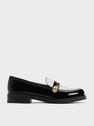 Two-Tone Metallic-Buckle Strap Loafers
