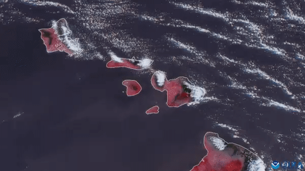 A massive wildfire on Hawaii's island of Maui seen by the weather satellite GOES West from the geostationary orbit some 22,000 miles above Earth.