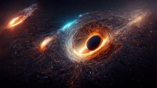 An artist's illustration of three black holes merging.