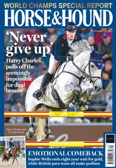 Cover of Horse and Hound featuring a shot of Harry Charles jumping a grey mare over a showjump