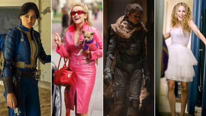 split image of ella purnell in fallout, reese witherspoon in legally blonde, zendaya in dune 2, and sarah jessica parker in sex and the city