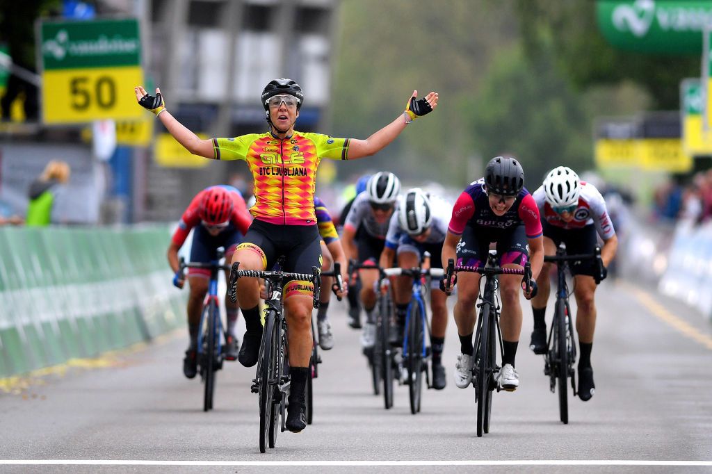 FRAUENFELD SWITZERLAND JUNE 06 Marta Bastianelli of Italy and Ale Btc Ljubljana Team stage winner celebrates at arrival Tereza Neumanova of Czech Republic and Burgos Alimenta Women Cycling Sport Team Hannah Barnes of United Kingdom and Team Canyon SRAM Racing during the 1st Tour de Suisse Women 2021 Stage 2 a 98km stage from Frauenfeld to Frauenfeld tourdesuisse tds tdswomen on June 06 2021 in Frauenfeld Switzerland Photo by Tim de WaeleGetty Images