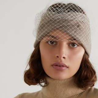 Beige cashmere headband with mesh detailing 