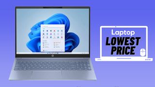 Sky blue HP Pavilion 16 against a blue gradient background.