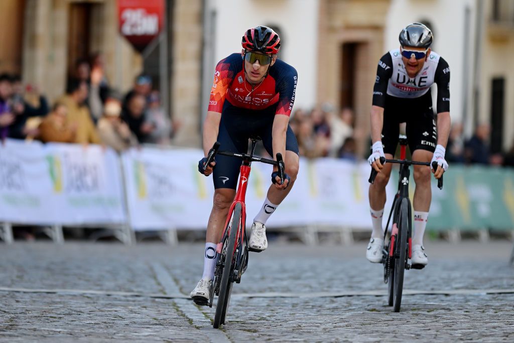 BAEZA SPAIN FEBRUARY 13 LR Ben Turner of The United Kingdom and Team INEOS Grenadiers crosses the finish line on second place ahead of Tim Wellens of Belgium and UAE Team Emirates on third place during the 2nd Clasica Jaen Paraiso Interior 2023 a 1789km one day race from beda to Baeza 752m ClsicaJan23 on February 13 2023 in Baeza Spain Photo by Dario BelingheriGetty Images