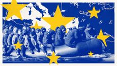 Illustration of migrants in a boat on a map of the Mediterranean Sea and EU flag colours