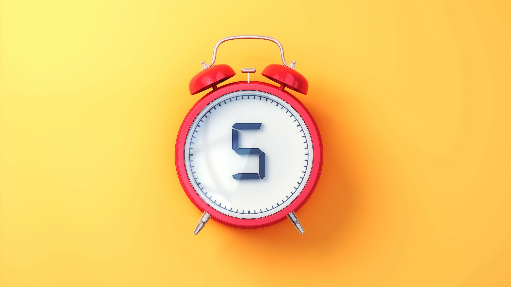 Red Alarm Clock with White Inside and Black Digit 5 on Yellow Soft Background 