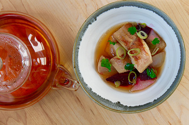 Smoked and roasted eel with tea consomm&amp;eacute;