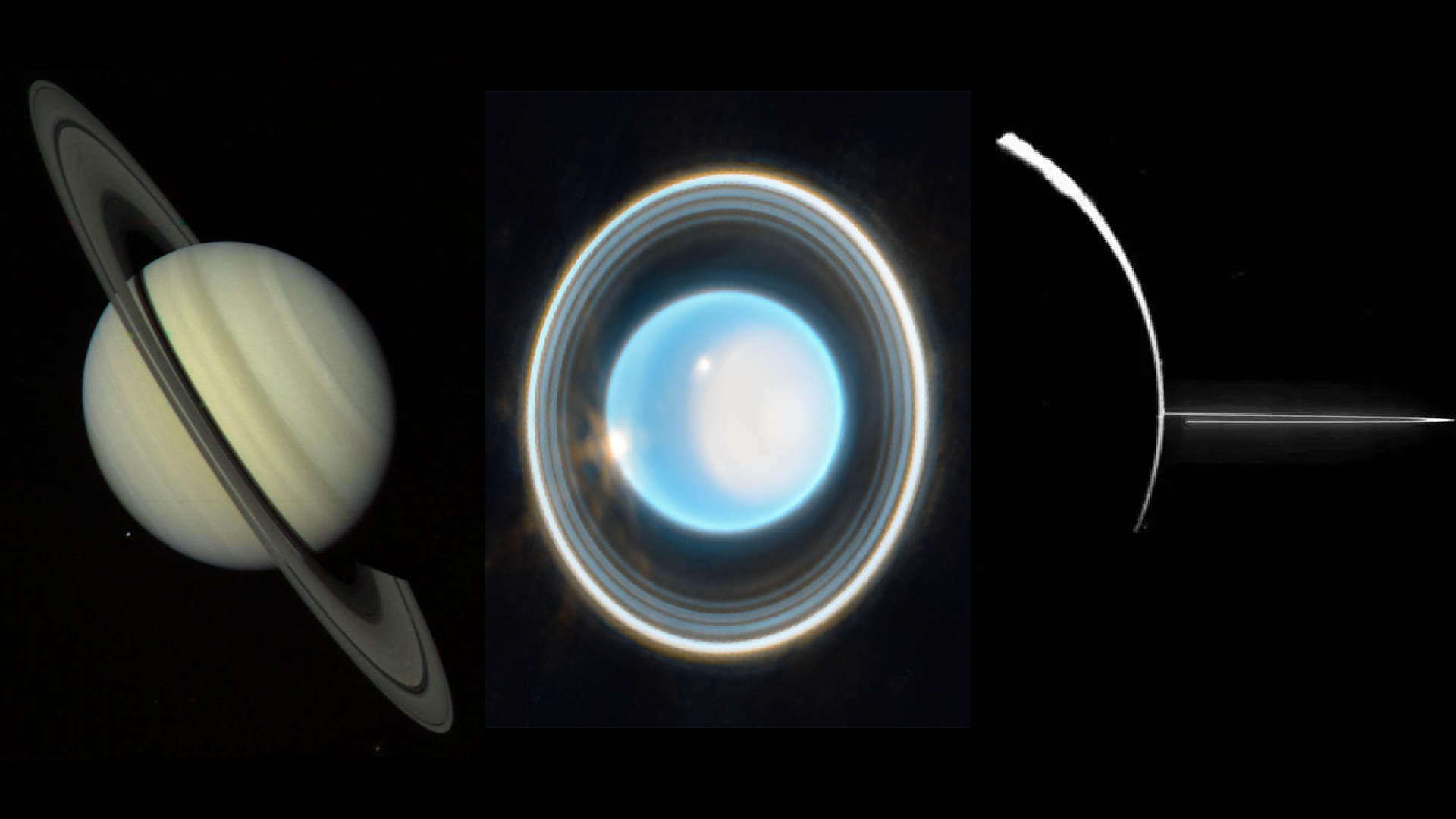 A composite image of the rings on Saturn, Uranus and Jupiter