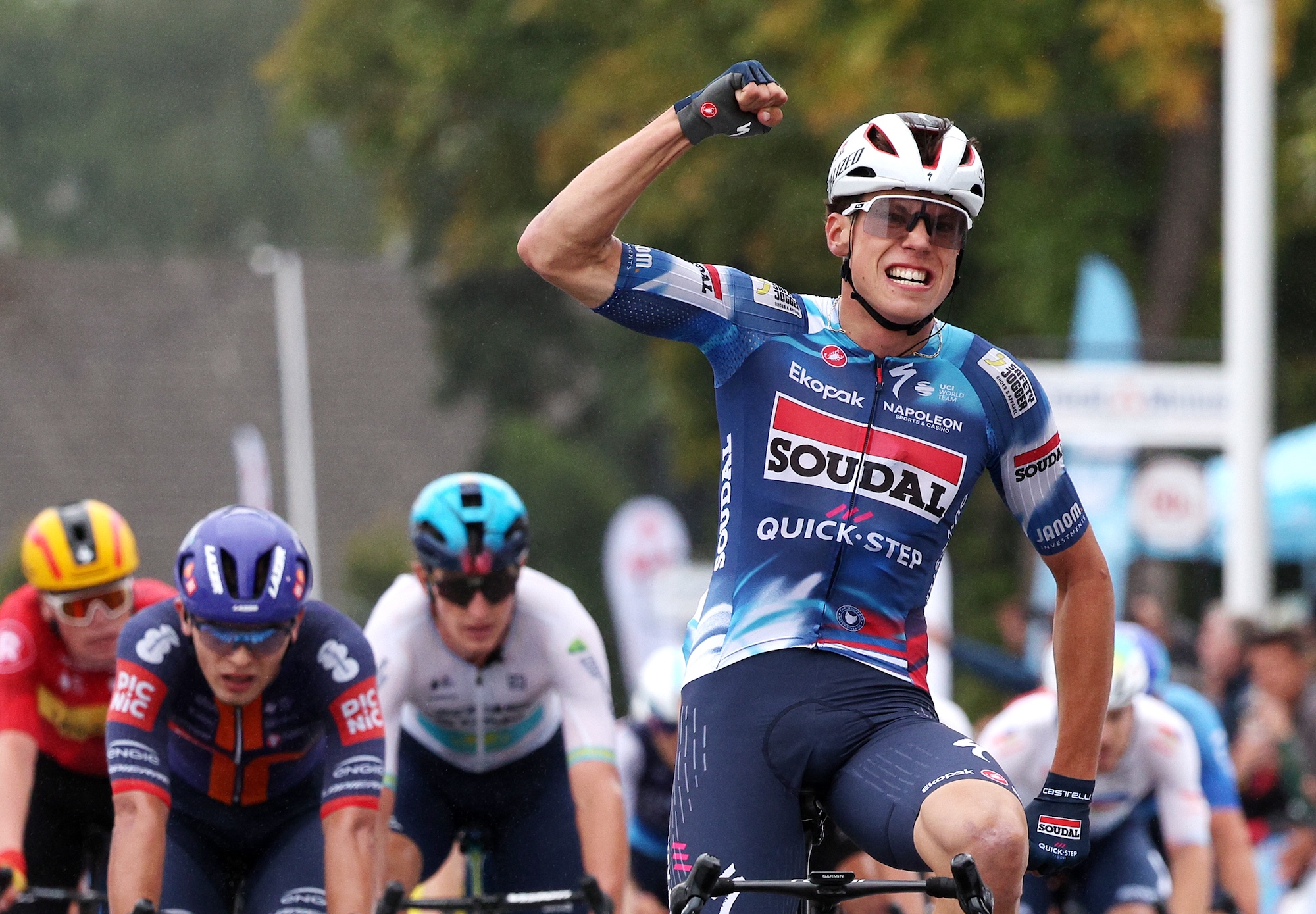 FOURMIES, FRANCE - SEPTEMBER 14: Paul Magnier of France and Team Soudal Quick-Step celebrates at finish line as race winner during the 92nd GP de Fourmies / La Voix du Nord 2025 a 193km one day race from Fourmies to Fourmies on September 14, 2025 in Fourmies, France. (Photo by Rhode Van Elsen/Getty Images)
