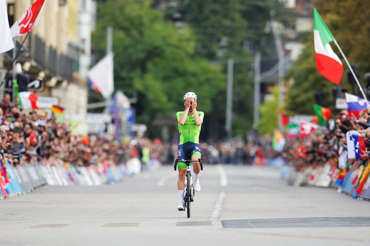 Picture by Ed Sykes/SWpix.com - 29/09/2024 - 2024 UCI Road and Para-cycling Road World Championships, Zurich, Switzerland - Men Elite Road Race - Tadej PogaÄar (Slovenia) wins the 2024 Men Elite Road Race World Championship