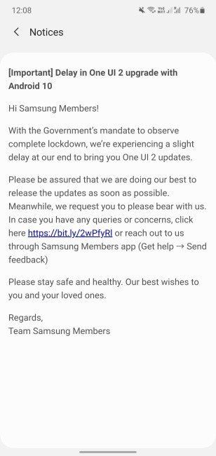 Samsung Members Android 10 Delay Notice