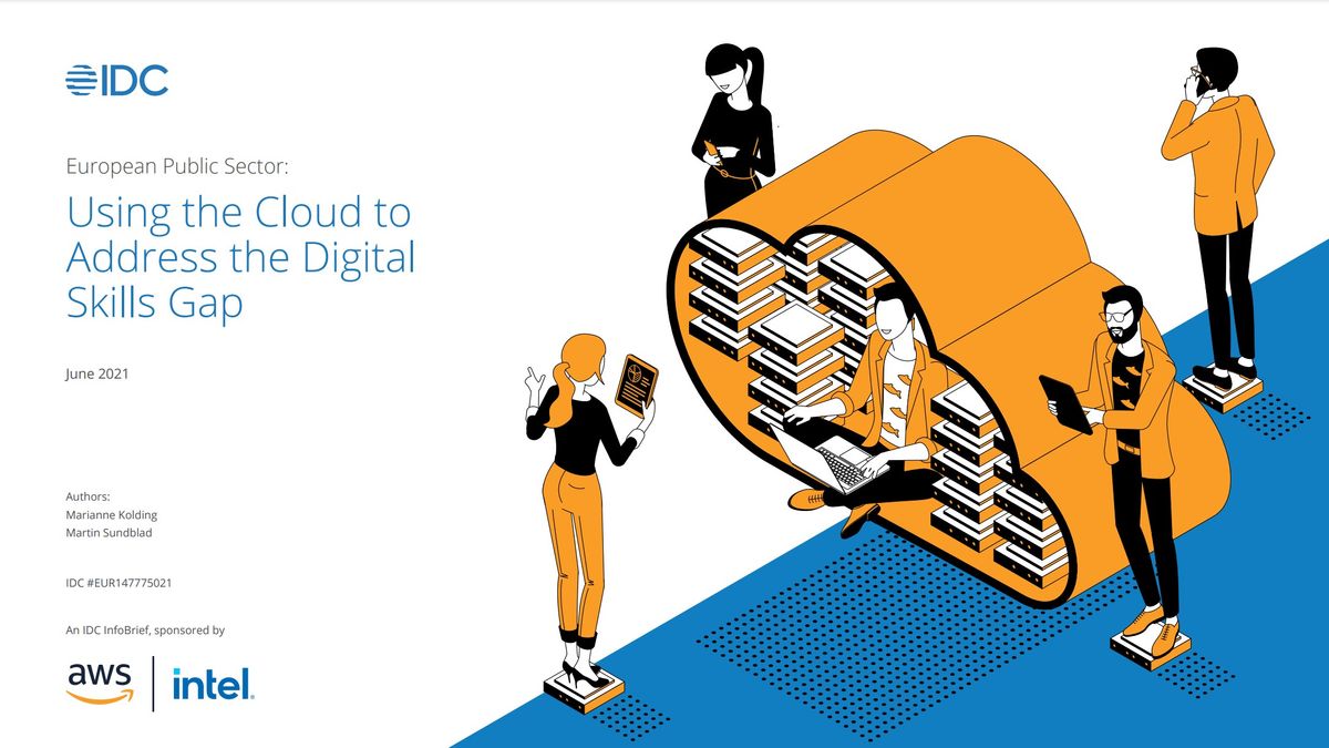 Whitepaper cover with cartoon of employees using digital devices, and one man sat within a cloud surrounded by servers