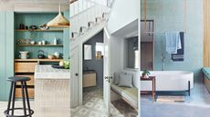 Three images of contemporary, blue toned homes 