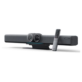 the insta360 connect webcam, a long 27 inch video bar with two lenses and a remote and 14 mics