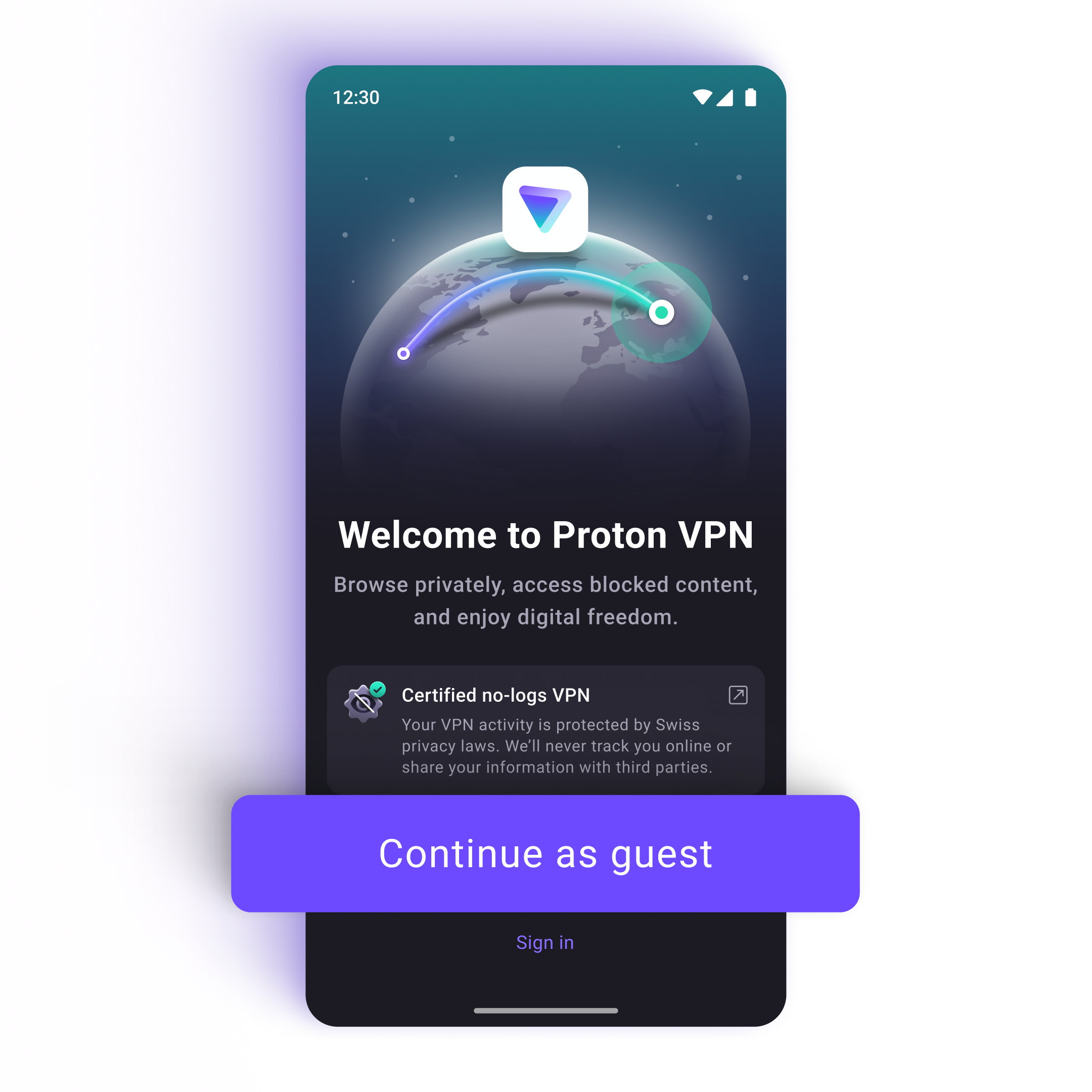 Proton VPN credential-less login interface on Android device
