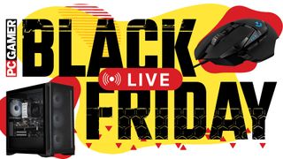 A gaming mouse and gaming PC with the PC Gamer Black Friday live branding