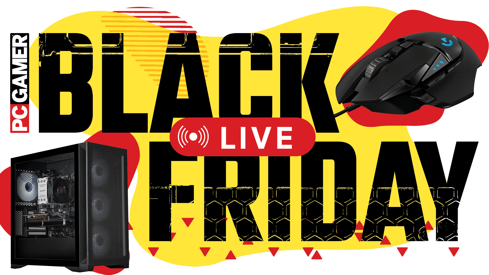 A gaming mouse and gaming PC with the PC Gamer Black Friday live branding