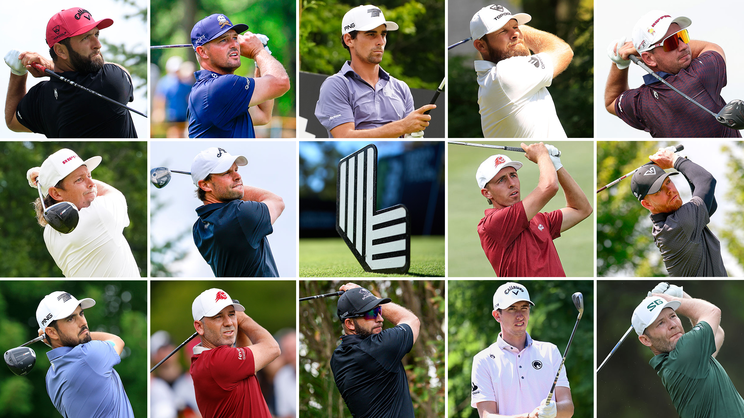 A grid of 14 LIV Golfers hitting shots with a LIV Golf logo centered