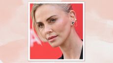 Charlize Theron is seen wearing soft pink blush and with her hair in a slicked-back updo whilst attending the Charlize Theron Africa Outreach Project 2024 Block Party at Universal Studios Backlot on July 13, 2024 in Universal City, California/ in a pink watercolour paint-style template