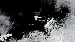 A satellite image of a large iceberg next to an island
