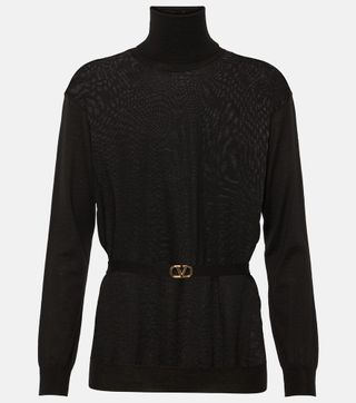 Belted Virgin Wool Turtleneck Sweater