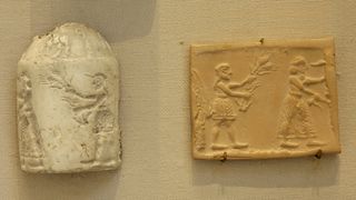 Cylinder seal and sealing impression: the king-priest and his acolyte feeding the sacred herd. White limestone, Uruk period, ca. 3200 BC.