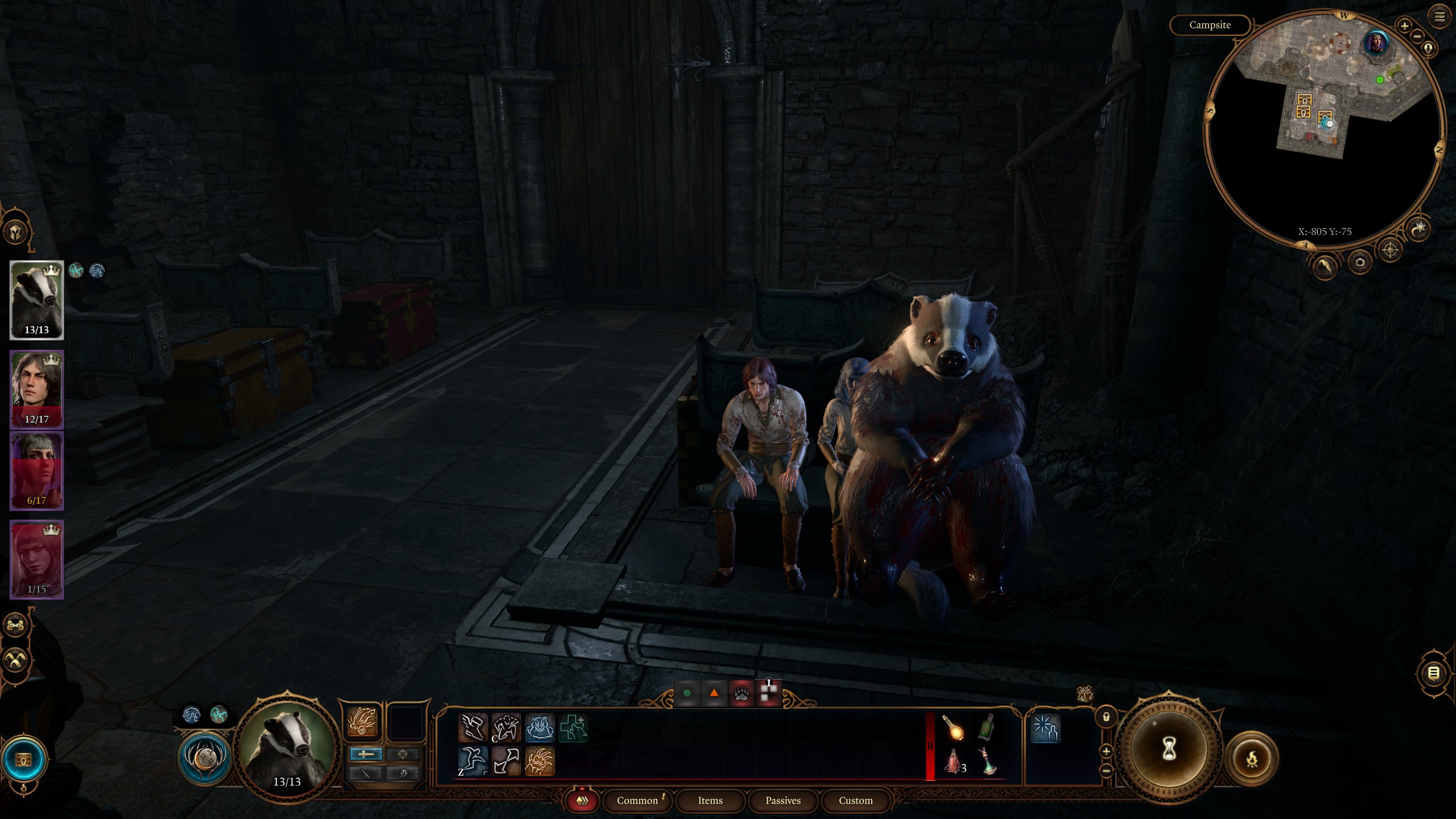 A druid using Wild Shape in Baldur&#039;s Gate 3 to sit next to his friends on a bench in Badger form