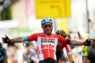 MEININGEN GERMANY AUGUST 25 Caleb Ewan of Australia and Team Lotto Soudal celebrates at finish line as stage winner during the 37th Deutschland Tour 2022 Stage 1 a 1717km stage from Weimar to Meiningen DeineTour on August 25 2022 in Meiningen Germany Photo by Stuart FranklinGetty Images