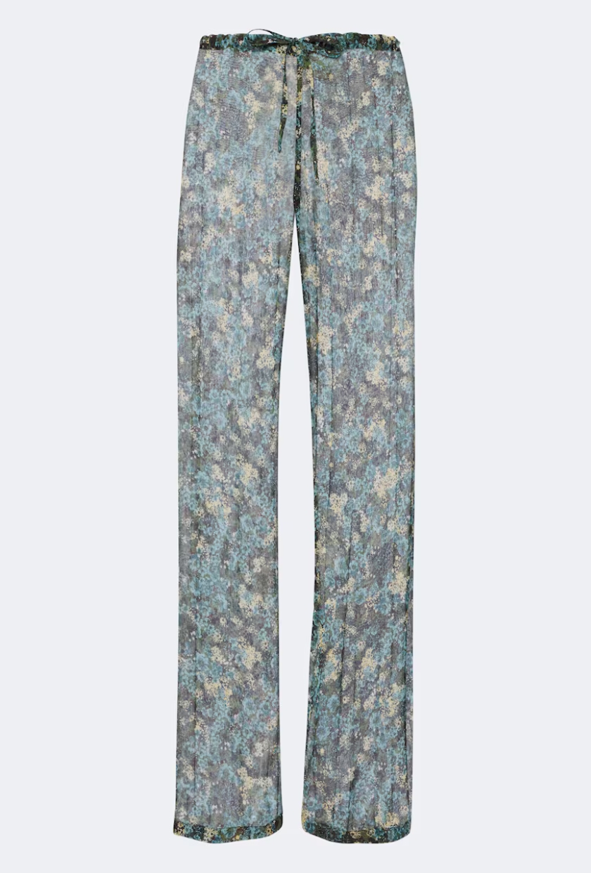 Semi-Sheer Floral Wide-Leg Pants in Blue - Dries Van Noten
