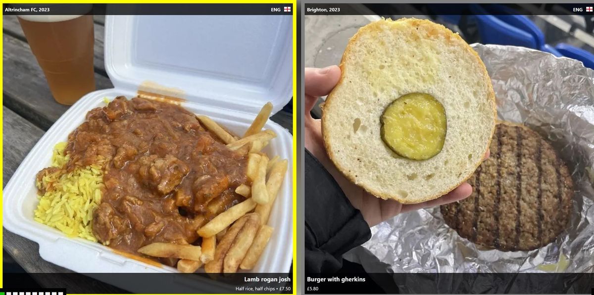 A curry with fries and rice next to a hamburger with a single pickle