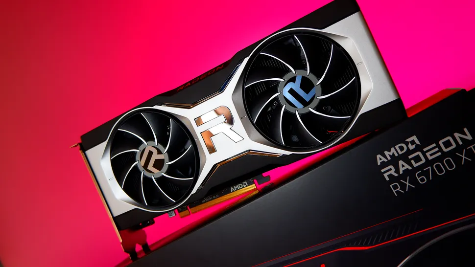 Видеокарта AMD Radeon RX 6700 XT с красочным градиентным фоном.