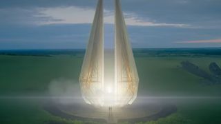 a large glowing crystal-like structure rises out of a field as two people, who appear tiny next to it, approach