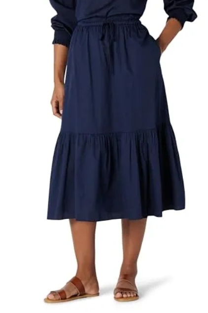 Amazon Essentials Women's Mid-Rise A-Line Cotton Sateen Tiered Midi Skirt (top Sold Separately), Navy, X-Large